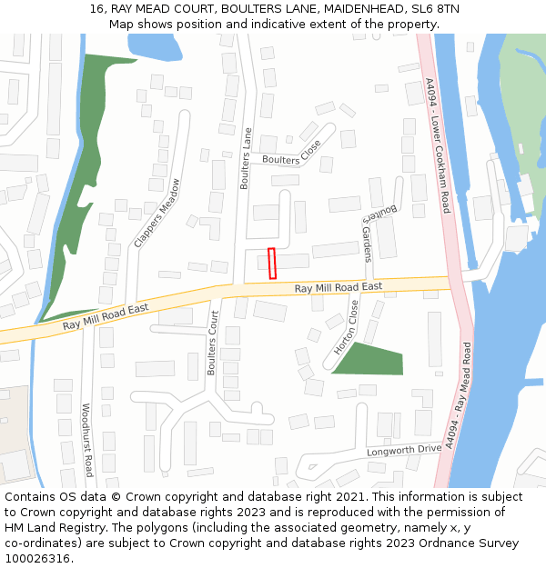 16, RAY MEAD COURT, BOULTERS LANE, MAIDENHEAD, SL6 8TN: Location map and indicative extent of plot