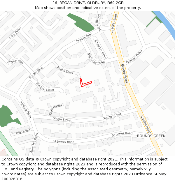 16, REGAN DRIVE, OLDBURY, B69 2GB: Location map and indicative extent of plot