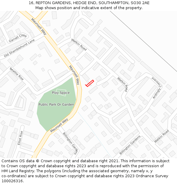 16, REPTON GARDENS, HEDGE END, SOUTHAMPTON, SO30 2AE: Location map and indicative extent of plot