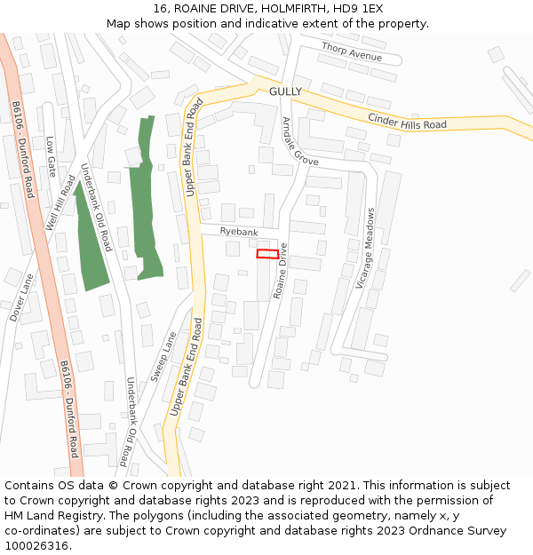 16, ROAINE DRIVE, HOLMFIRTH, HD9 1EX: Location map and indicative extent of plot