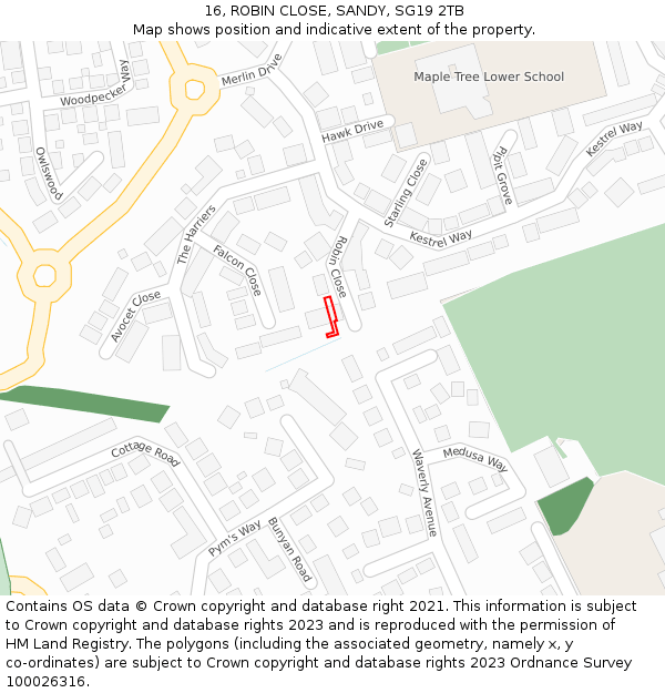 16, ROBIN CLOSE, SANDY, SG19 2TB: Location map and indicative extent of plot