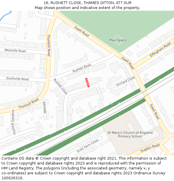 16, RUSHETT CLOSE, THAMES DITTON, KT7 0UR: Location map and indicative extent of plot