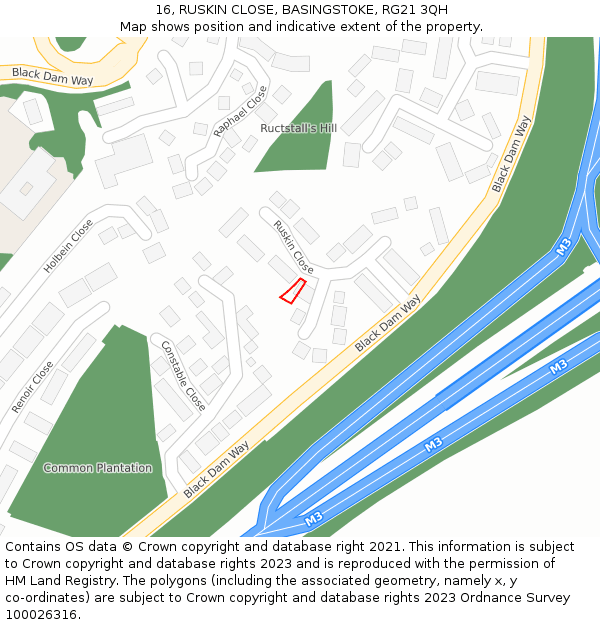 16, RUSKIN CLOSE, BASINGSTOKE, RG21 3QH: Location map and indicative extent of plot