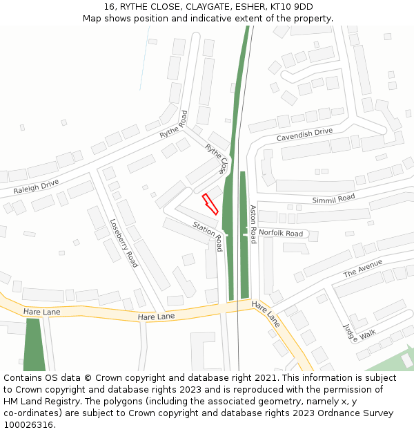 16, RYTHE CLOSE, CLAYGATE, ESHER, KT10 9DD: Location map and indicative extent of plot