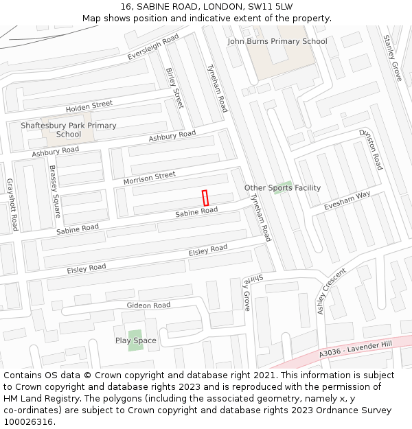 16, SABINE ROAD, LONDON, SW11 5LW: Location map and indicative extent of plot