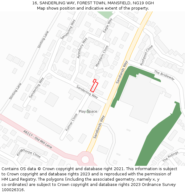 16, SANDERLING WAY, FOREST TOWN, MANSFIELD, NG19 0GH: Location map and indicative extent of plot