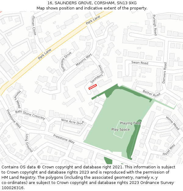 16, SAUNDERS GROVE, CORSHAM, SN13 9XG: Location map and indicative extent of plot