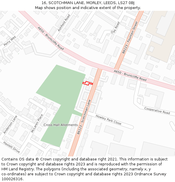 16, SCOTCHMAN LANE, MORLEY, LEEDS, LS27 0BJ: Location map and indicative extent of plot