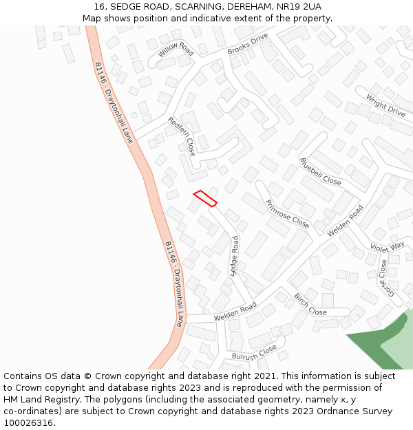 16, SEDGE ROAD, SCARNING, DEREHAM, NR19 2UA: Location map and indicative extent of plot