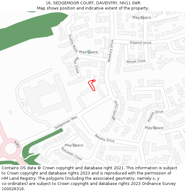 16, SEDGEMOOR COURT, DAVENTRY, NN11 0WR: Location map and indicative extent of plot