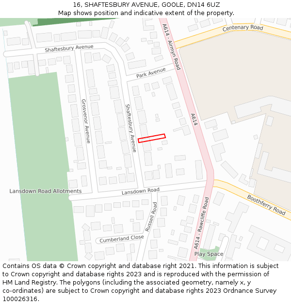 16, SHAFTESBURY AVENUE, GOOLE, DN14 6UZ: Location map and indicative extent of plot