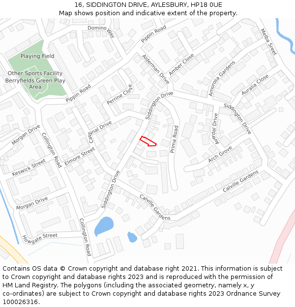 16, SIDDINGTON DRIVE, AYLESBURY, HP18 0UE: Location map and indicative extent of plot