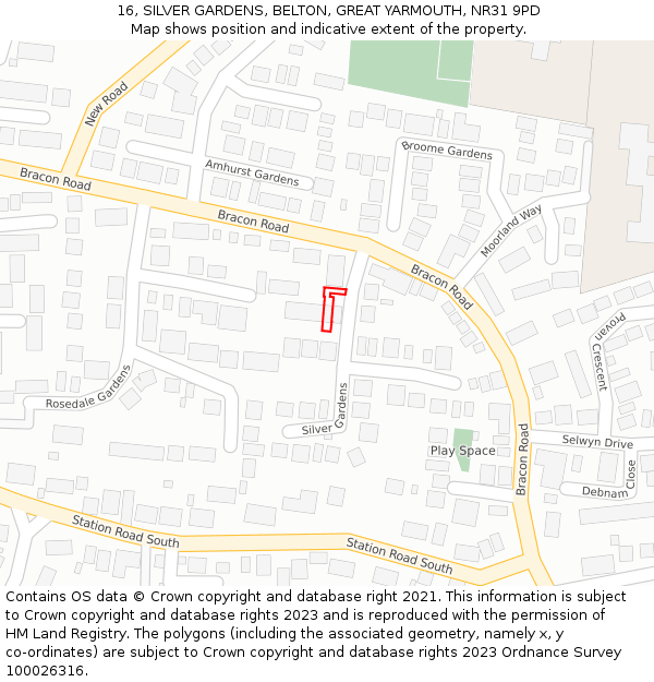 16, SILVER GARDENS, BELTON, GREAT YARMOUTH, NR31 9PD: Location map and indicative extent of plot