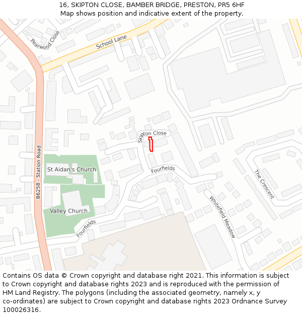 16, SKIPTON CLOSE, BAMBER BRIDGE, PRESTON, PR5 6HF: Location map and indicative extent of plot