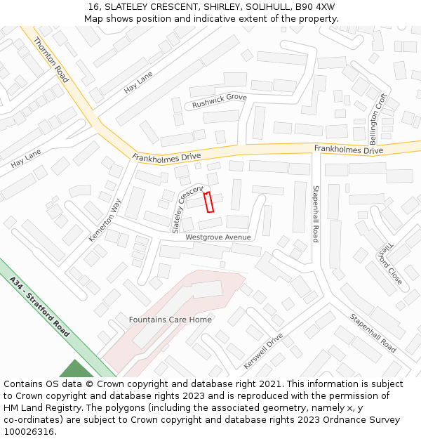 16, SLATELEY CRESCENT, SHIRLEY, SOLIHULL, B90 4XW: Location map and indicative extent of plot
