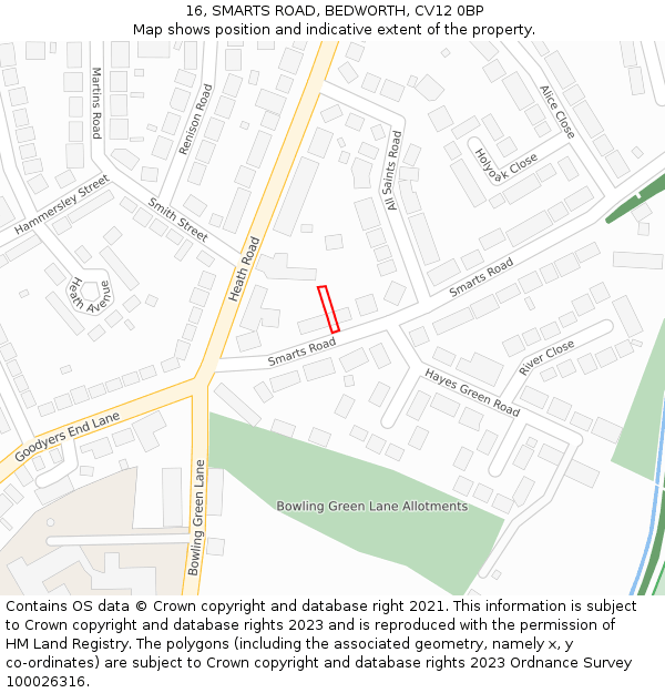 16, SMARTS ROAD, BEDWORTH, CV12 0BP: Location map and indicative extent of plot