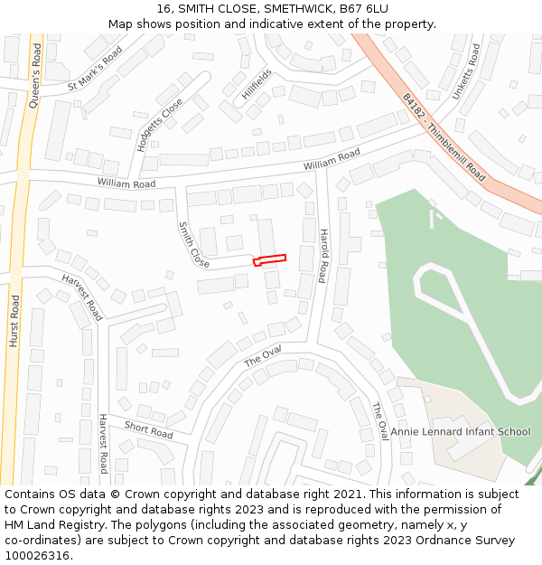 16, SMITH CLOSE, SMETHWICK, B67 6LU: Location map and indicative extent of plot