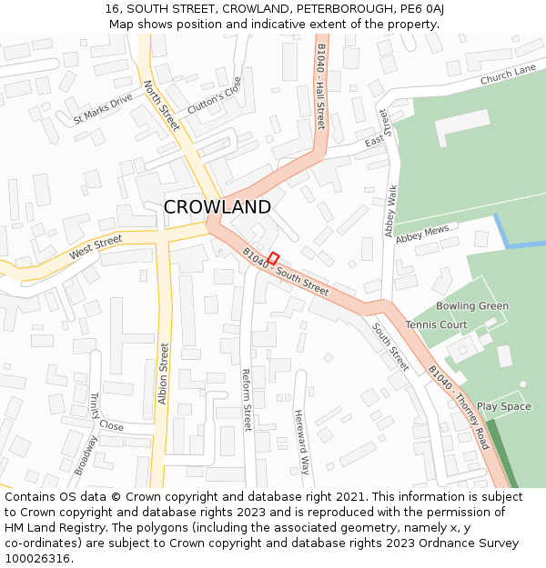 16, SOUTH STREET, CROWLAND, PETERBOROUGH, PE6 0AJ: Location map and indicative extent of plot