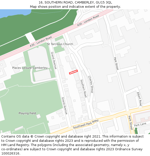 16, SOUTHERN ROAD, CAMBERLEY, GU15 3QL: Location map and indicative extent of plot
