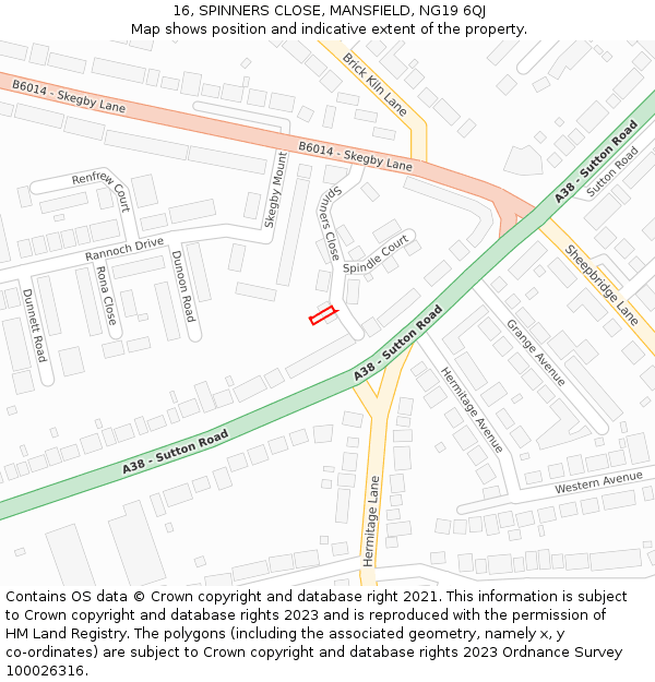 16, SPINNERS CLOSE, MANSFIELD, NG19 6QJ: Location map and indicative extent of plot