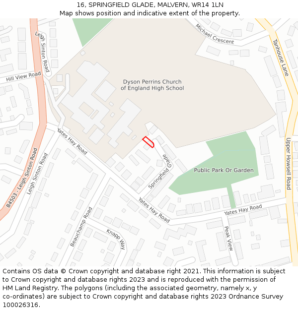 16, SPRINGFIELD GLADE, MALVERN, WR14 1LN: Location map and indicative extent of plot