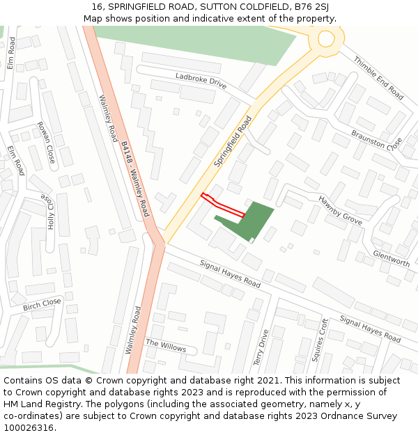 16, SPRINGFIELD ROAD, SUTTON COLDFIELD, B76 2SJ: Location map and indicative extent of plot