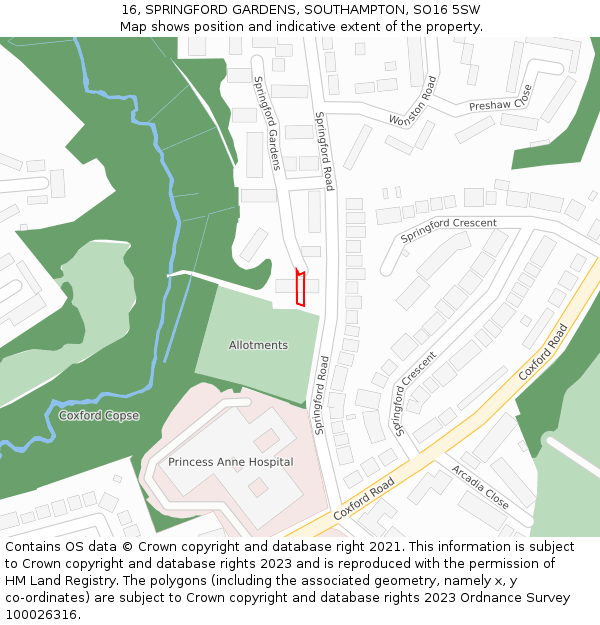 16, SPRINGFORD GARDENS, SOUTHAMPTON, SO16 5SW: Location map and indicative extent of plot