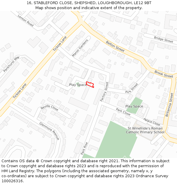 16, STABLEFORD CLOSE, SHEPSHED, LOUGHBOROUGH, LE12 9BT: Location map and indicative extent of plot