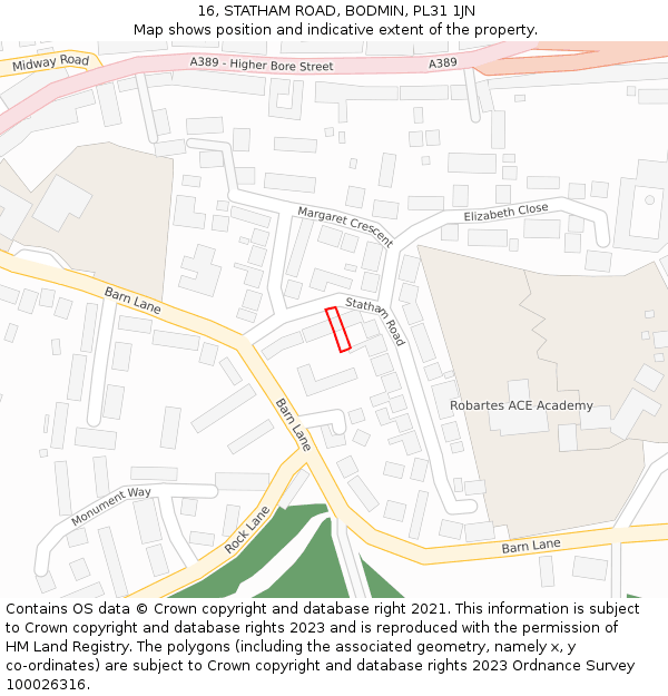 16, STATHAM ROAD, BODMIN, PL31 1JN: Location map and indicative extent of plot