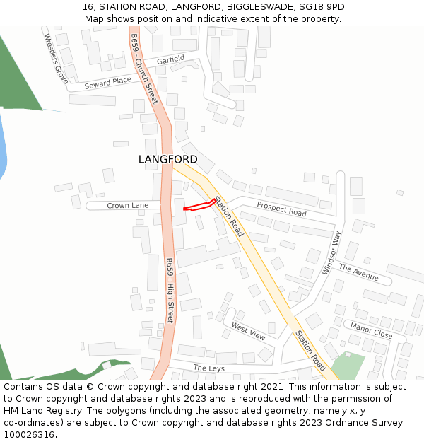 16, STATION ROAD, LANGFORD, BIGGLESWADE, SG18 9PD: Location map and indicative extent of plot