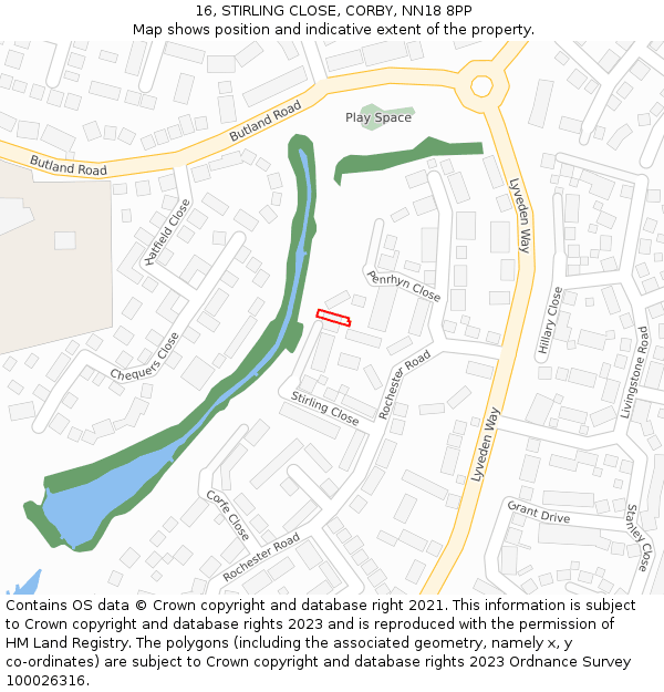 16, STIRLING CLOSE, CORBY, NN18 8PP: Location map and indicative extent of plot