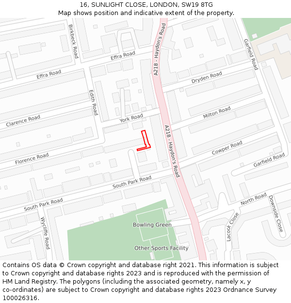 16, SUNLIGHT CLOSE, LONDON, SW19 8TG: Location map and indicative extent of plot