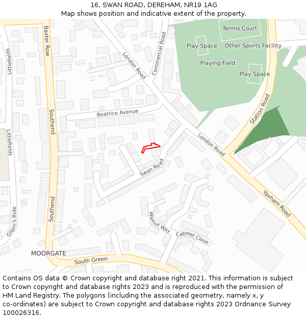 16, SWAN ROAD, DEREHAM, NR19 1AG: Location map and indicative extent of plot