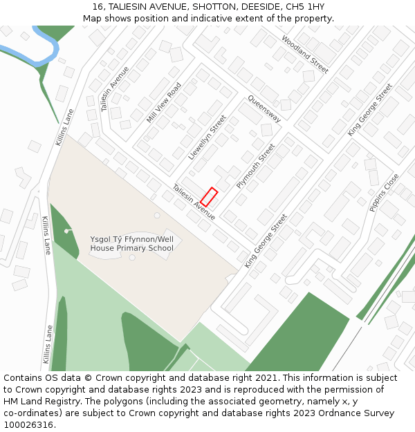 16, TALIESIN AVENUE, SHOTTON, DEESIDE, CH5 1HY: Location map and indicative extent of plot