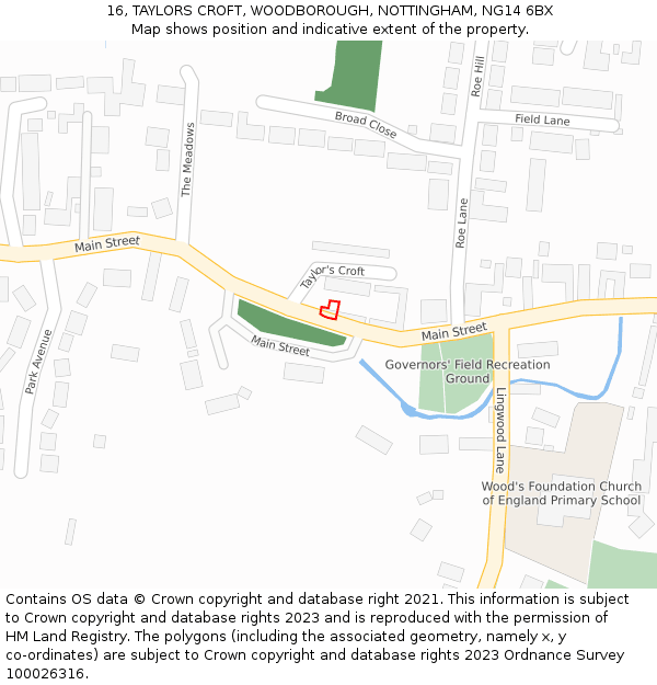 16, TAYLORS CROFT, WOODBOROUGH, NOTTINGHAM, NG14 6BX: Location map and indicative extent of plot