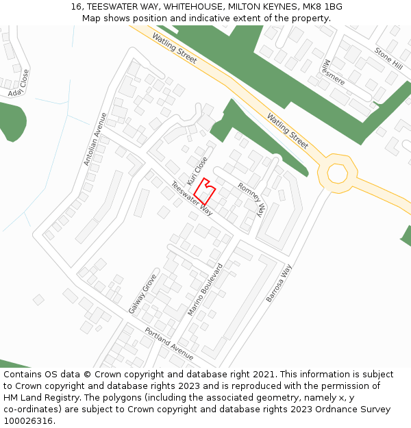 16, TEESWATER WAY, WHITEHOUSE, MILTON KEYNES, MK8 1BG: Location map and indicative extent of plot