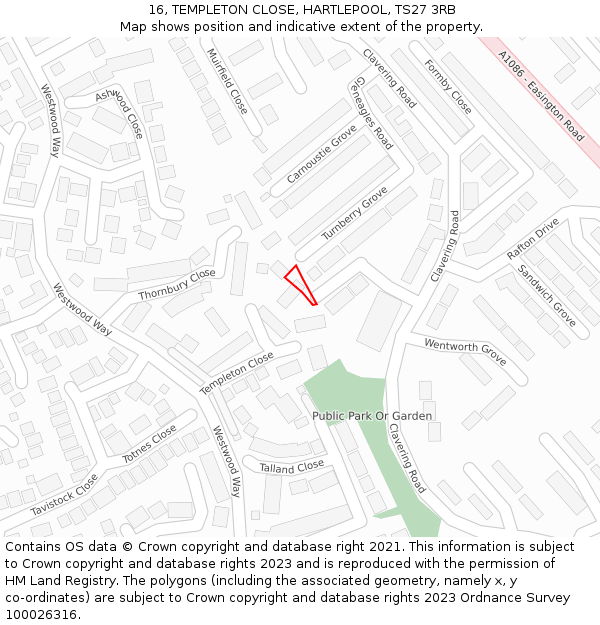 16, TEMPLETON CLOSE, HARTLEPOOL, TS27 3RB: Location map and indicative extent of plot