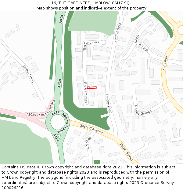 16, THE GARDINERS, HARLOW, CM17 9QU: Location map and indicative extent of plot