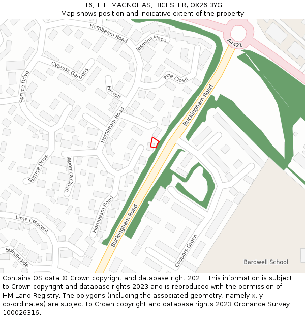 16, THE MAGNOLIAS, BICESTER, OX26 3YG: Location map and indicative extent of plot