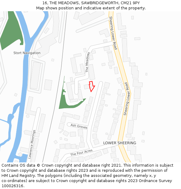 16, THE MEADOWS, SAWBRIDGEWORTH, CM21 9PY: Location map and indicative extent of plot