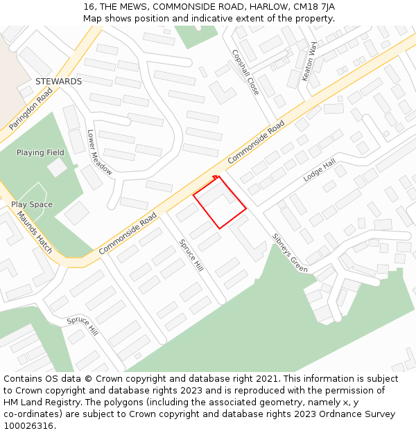 16, THE MEWS, COMMONSIDE ROAD, HARLOW, CM18 7JA: Location map and indicative extent of plot