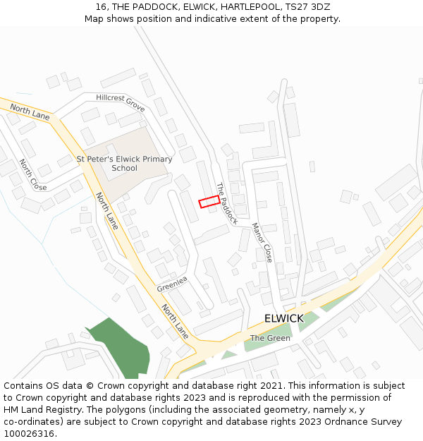 16, THE PADDOCK, ELWICK, HARTLEPOOL, TS27 3DZ: Location map and indicative extent of plot
