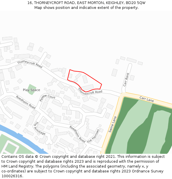 16, THORNEYCROFT ROAD, EAST MORTON, KEIGHLEY, BD20 5QW: Location map and indicative extent of plot