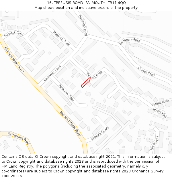 16, TREFUSIS ROAD, FALMOUTH, TR11 4QQ: Location map and indicative extent of plot