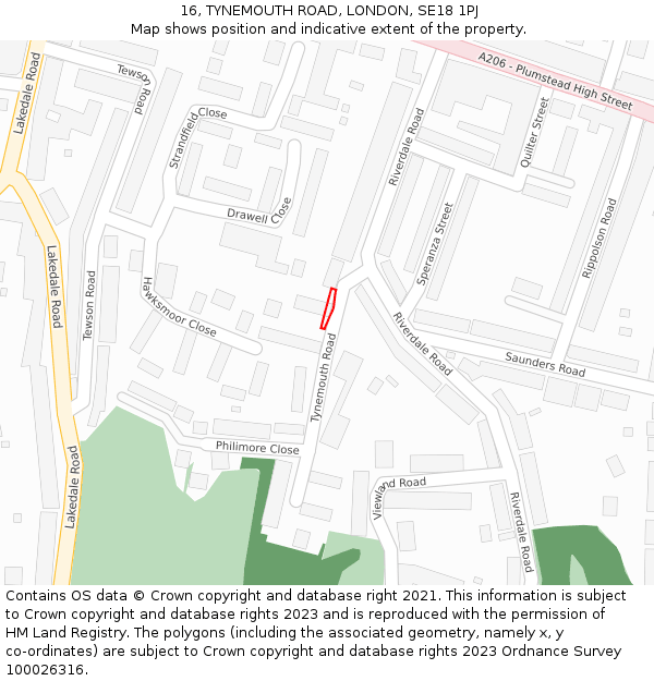 16, TYNEMOUTH ROAD, LONDON, SE18 1PJ: Location map and indicative extent of plot