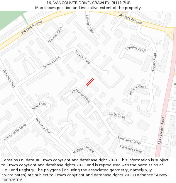 16, VANCOUVER DRIVE, CRAWLEY, RH11 7UR: Location map and indicative extent of plot