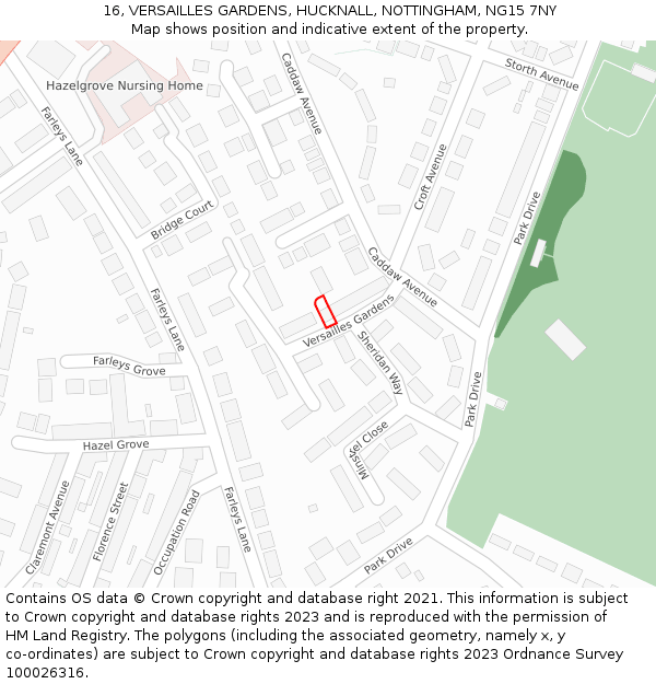 16, VERSAILLES GARDENS, HUCKNALL, NOTTINGHAM, NG15 7NY: Location map and indicative extent of plot