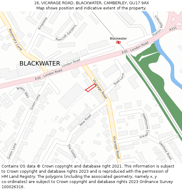 16, VICARAGE ROAD, BLACKWATER, CAMBERLEY, GU17 9AX: Location map and indicative extent of plot