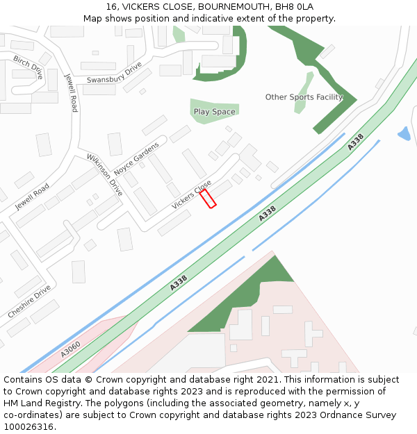 16, VICKERS CLOSE, BOURNEMOUTH, BH8 0LA: Location map and indicative extent of plot