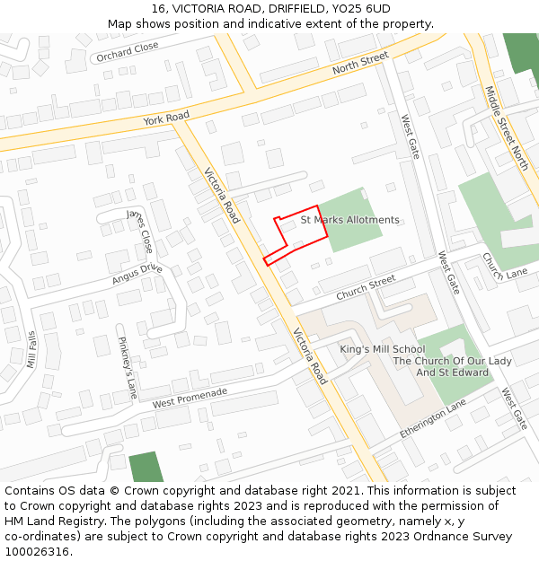16, VICTORIA ROAD, DRIFFIELD, YO25 6UD: Location map and indicative extent of plot